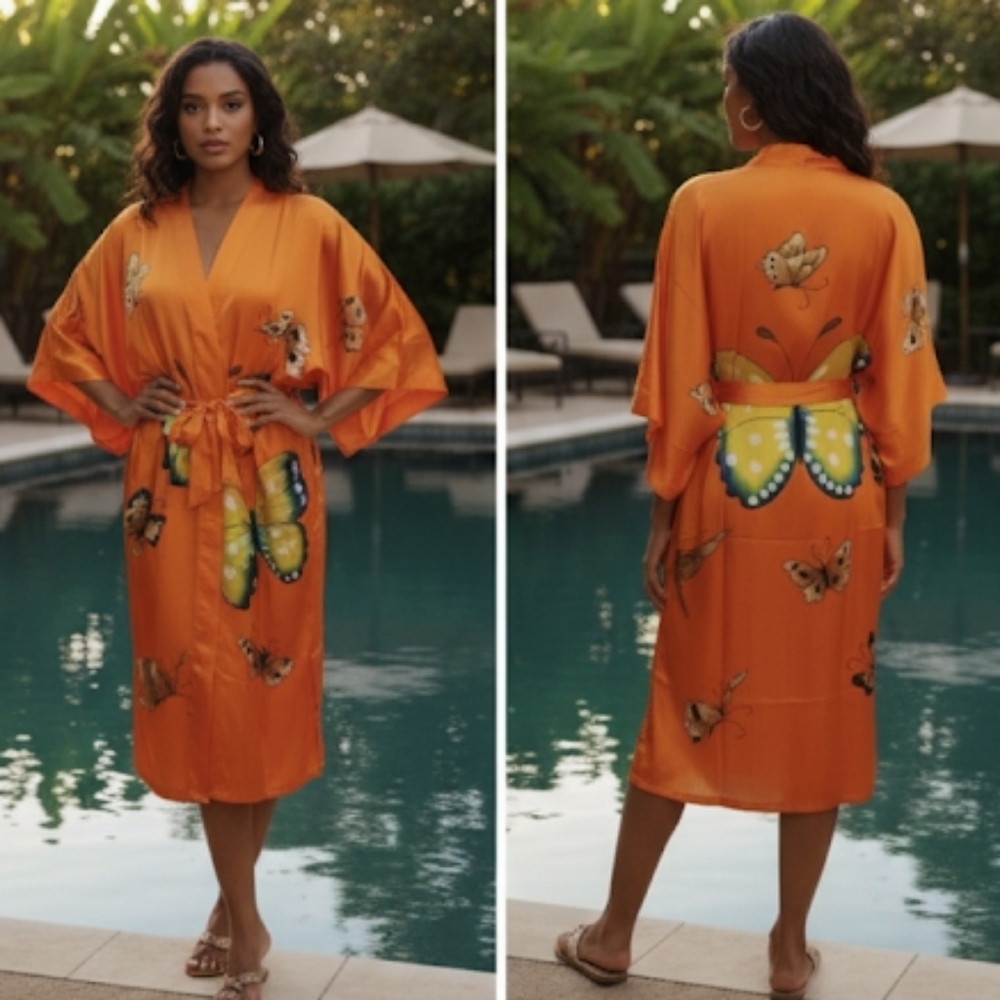 100% mulberry silk butterfly print orange robe size M
